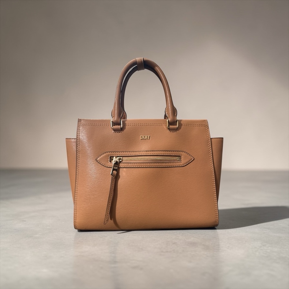 DKNY Tan Leather Structured Satchel with Front Zip